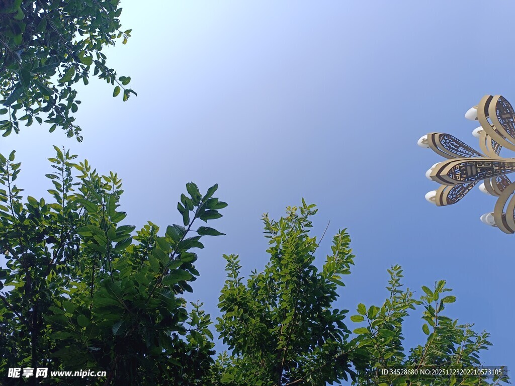 蓝天绿树间的精致雕塑