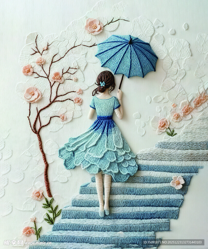 撑蓝伞漫步的梦幻女孩