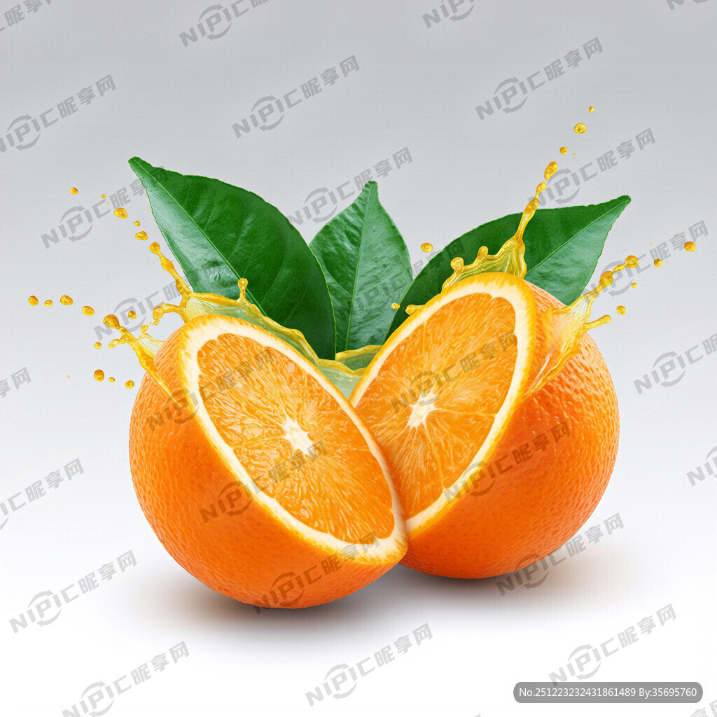 生成一张橙子被切开爆汁的素材