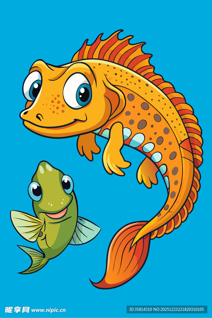 卡通鱼与蜥蜴的趣味画面