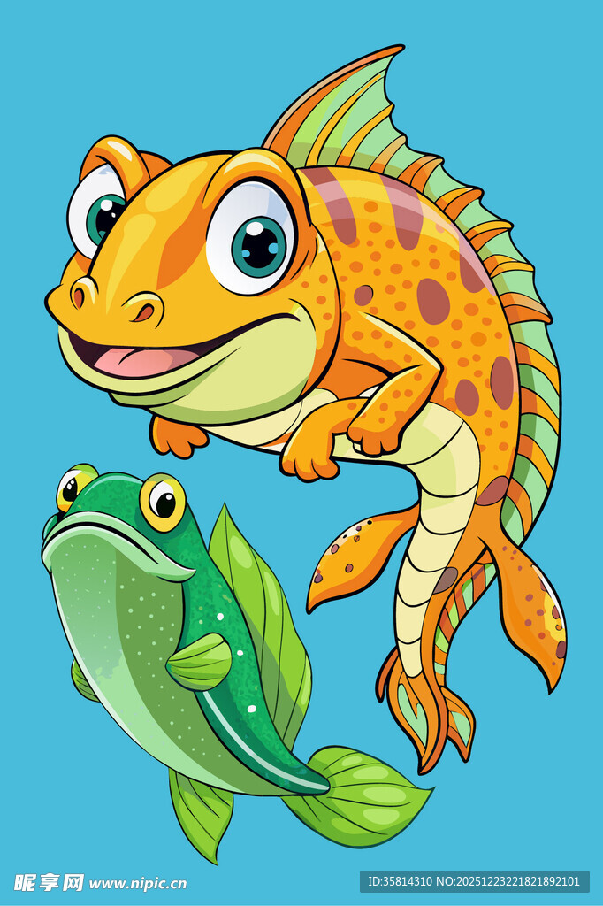 卡通鱼与青蛙的欢乐画面