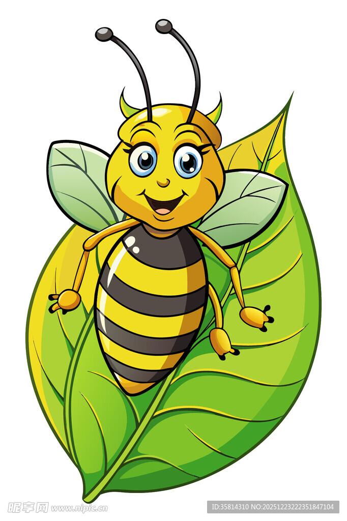 可爱蜜蜂栖息绿叶上