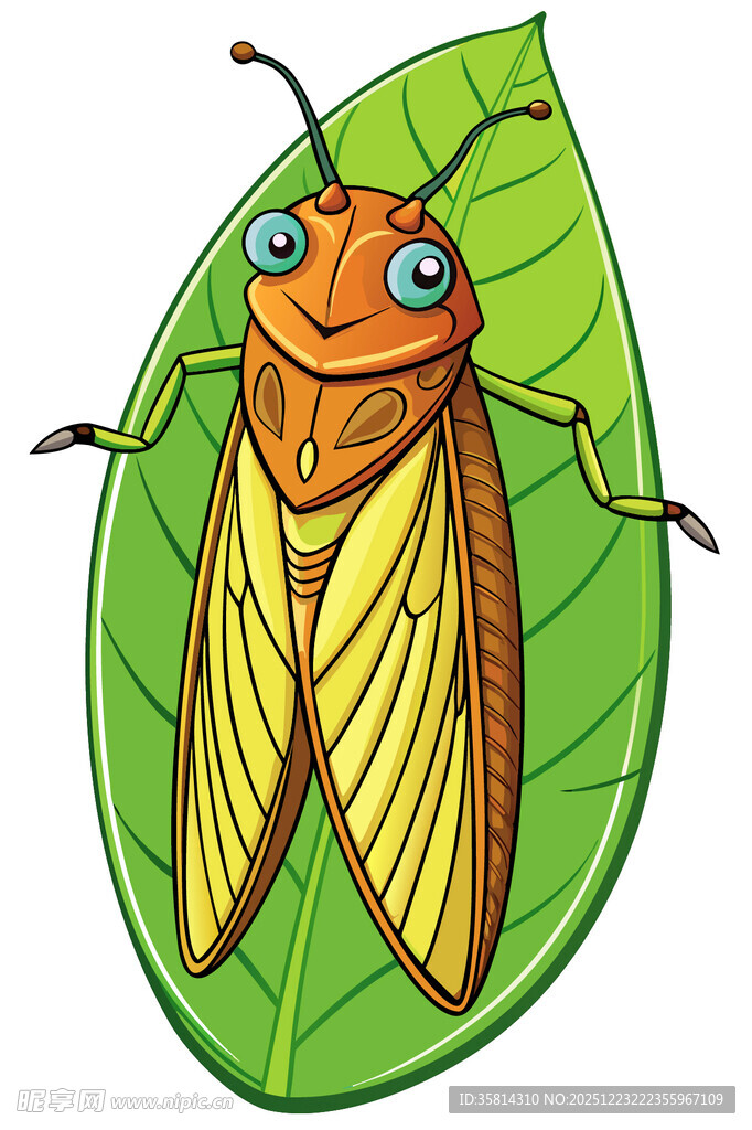 卡通蝉趴在绿叶上