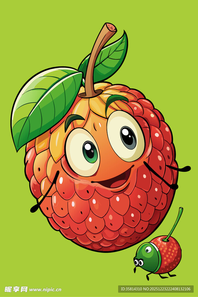 可爱荔枝卡通形象与小虫子