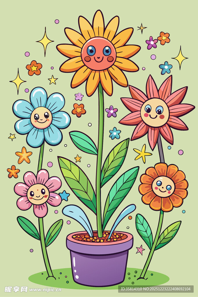 可爱笑脸花朵盆栽插画