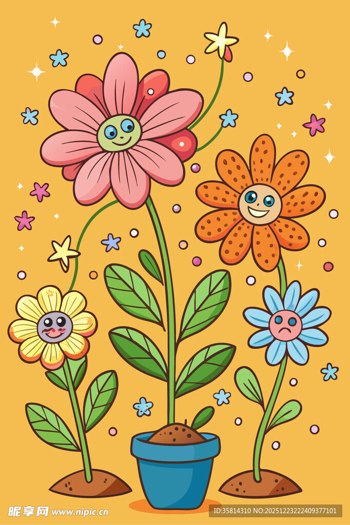 多彩盆栽花卉插画