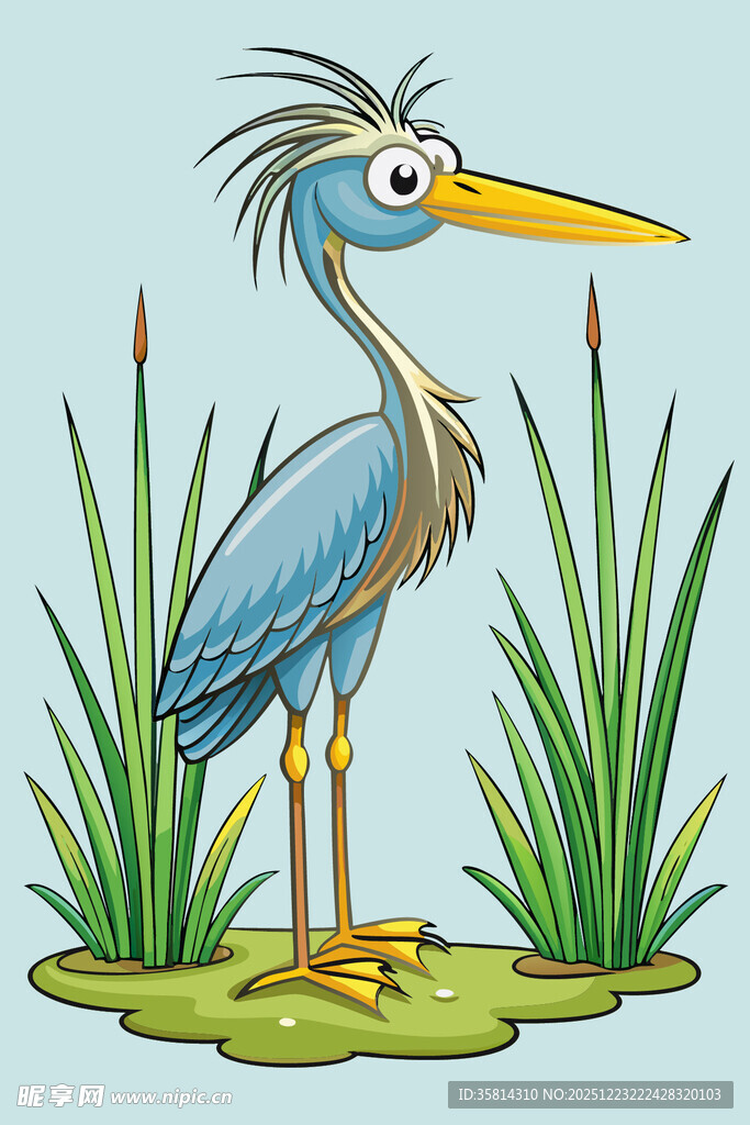 蓝鹭立于草丛中