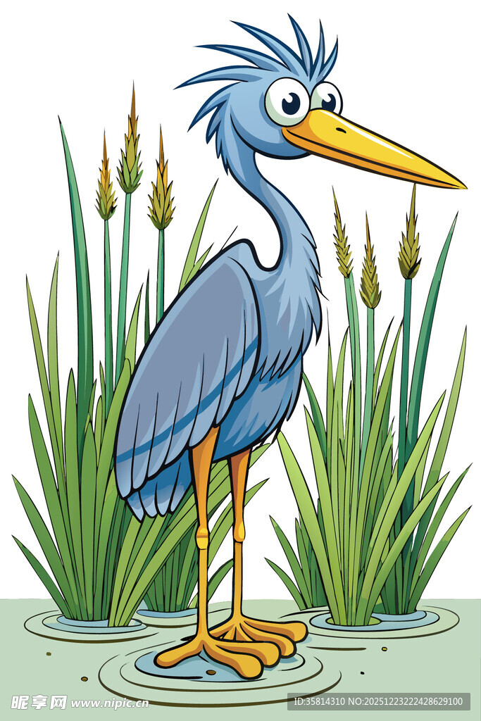 蓝鹭立于水边芦苇间