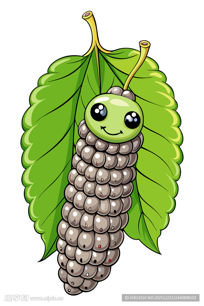 可爱蚕宝宝趴在绿叶上