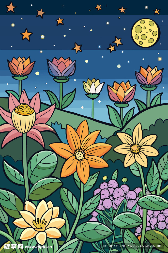 月夜下的缤纷花卉世界