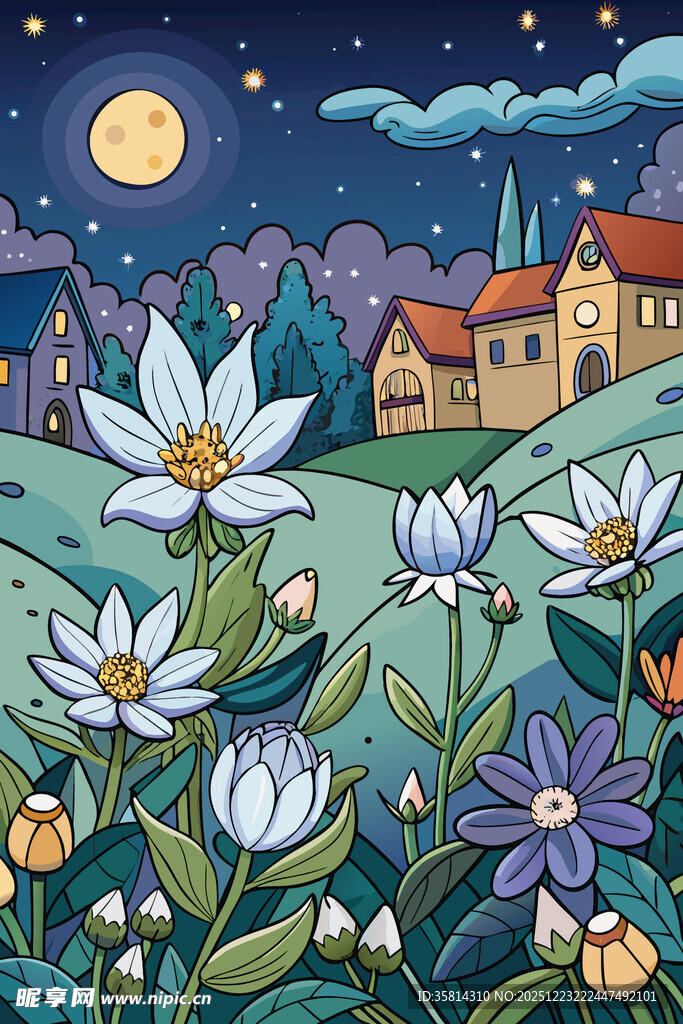 月夜下的田园花卉美景