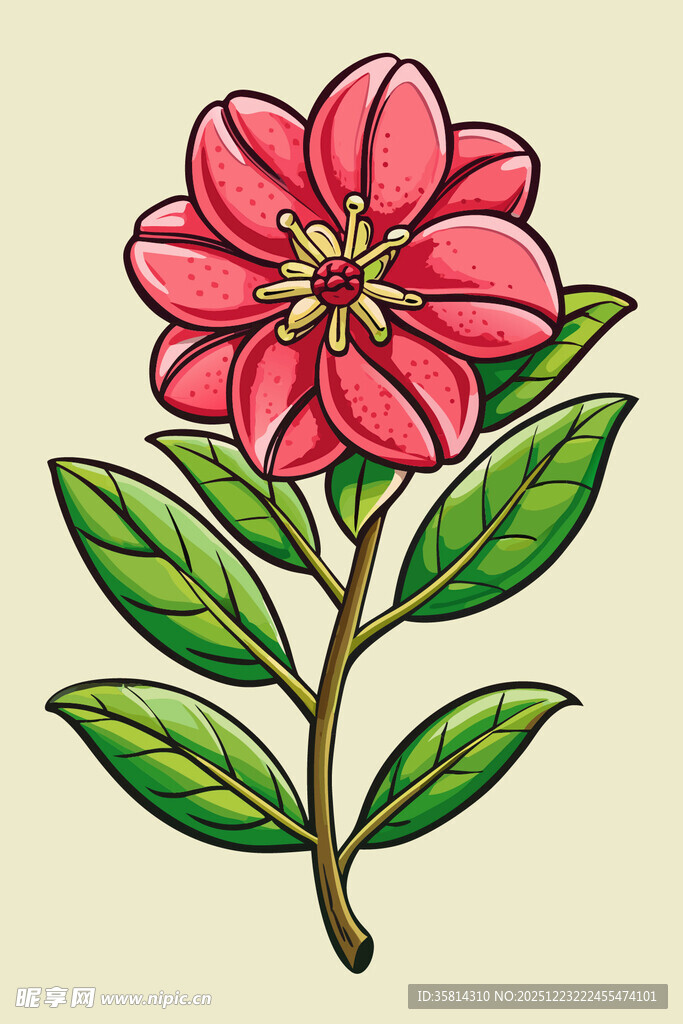 手绘粉色花朵与绿叶