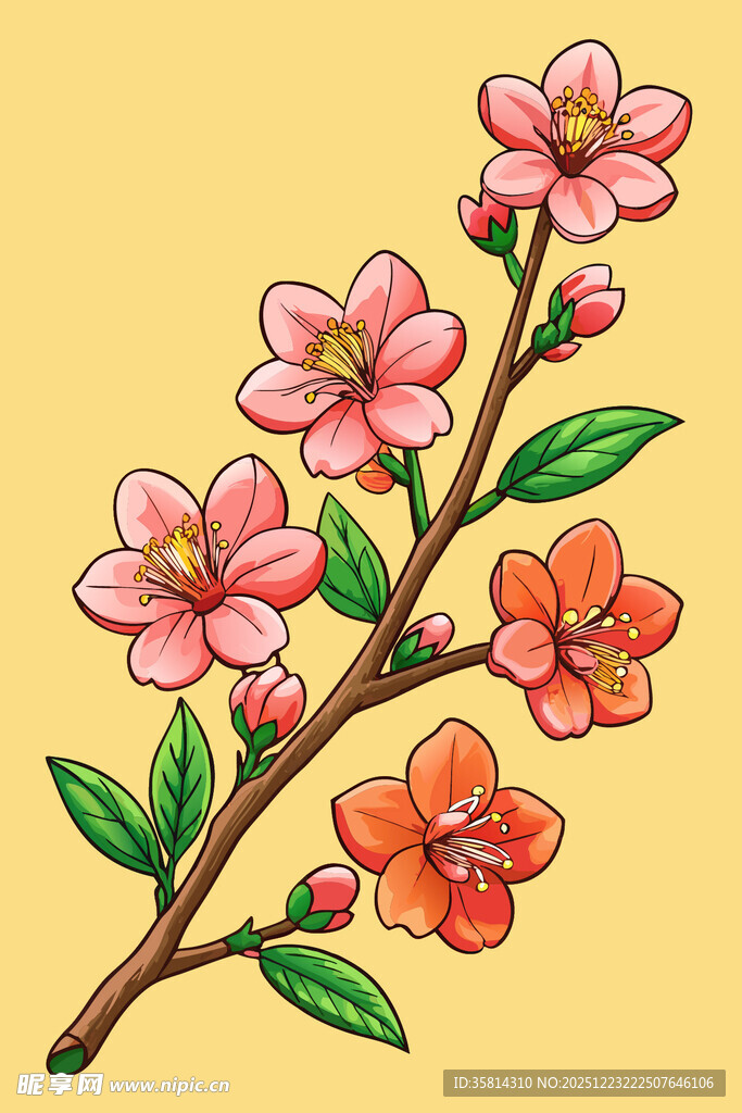 手绘粉色桃花枝