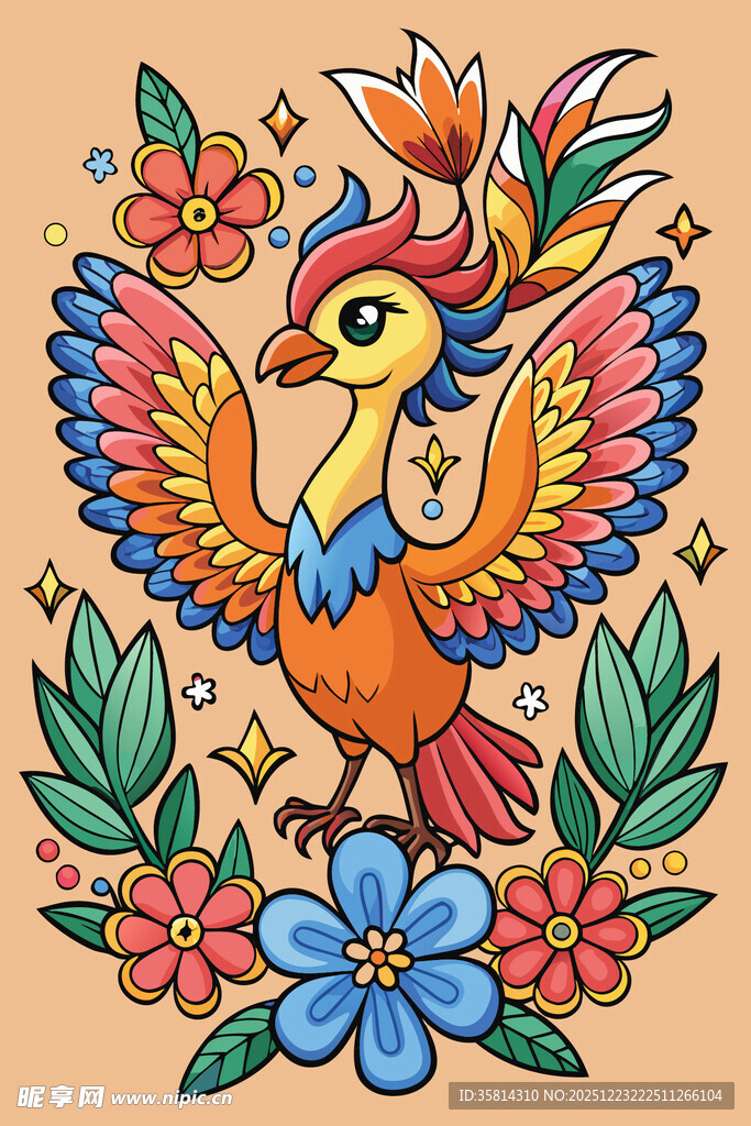 彩色凤凰花卉装饰图案