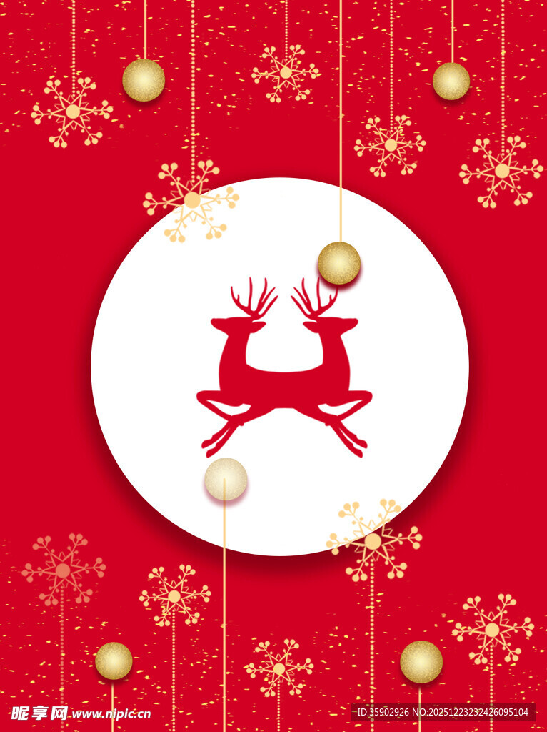 圣诞红底驯鹿装饰图案