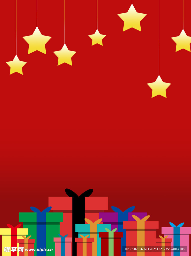 红色背景下的礼物与星星