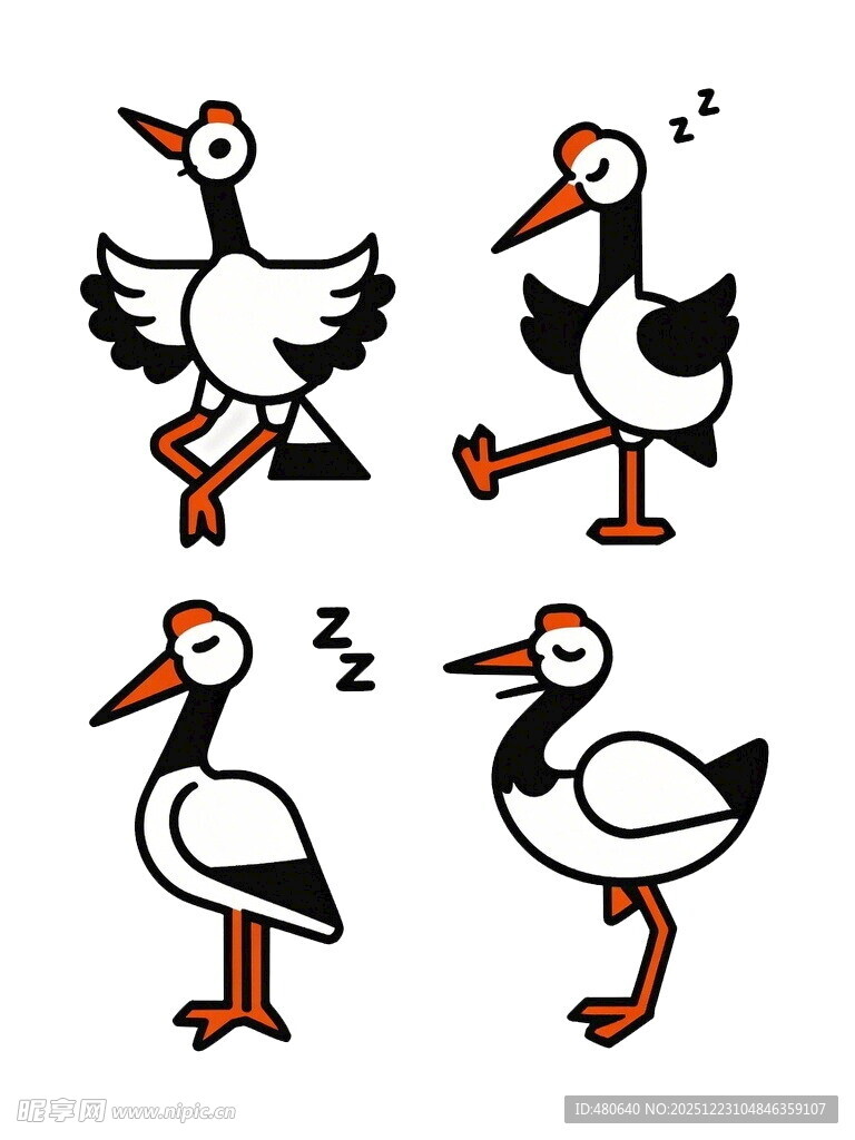 四只白鹳的趣味姿态