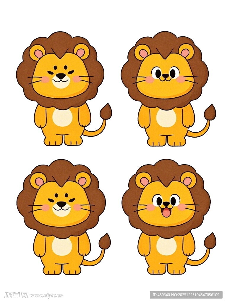 四只可爱卡通狮子形象
