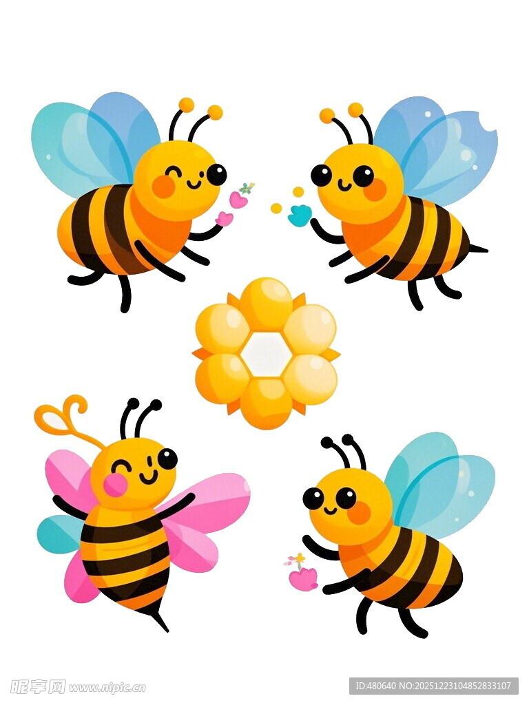 可爱蜜蜂围绕花朵场景