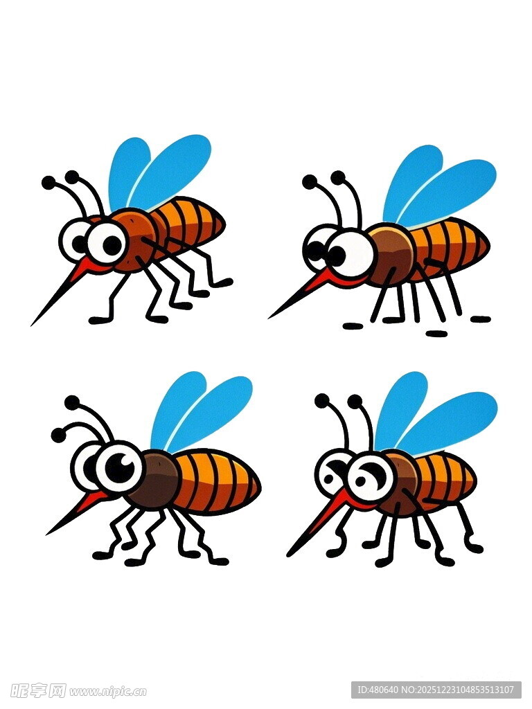 四只卡通蚊子形象展示