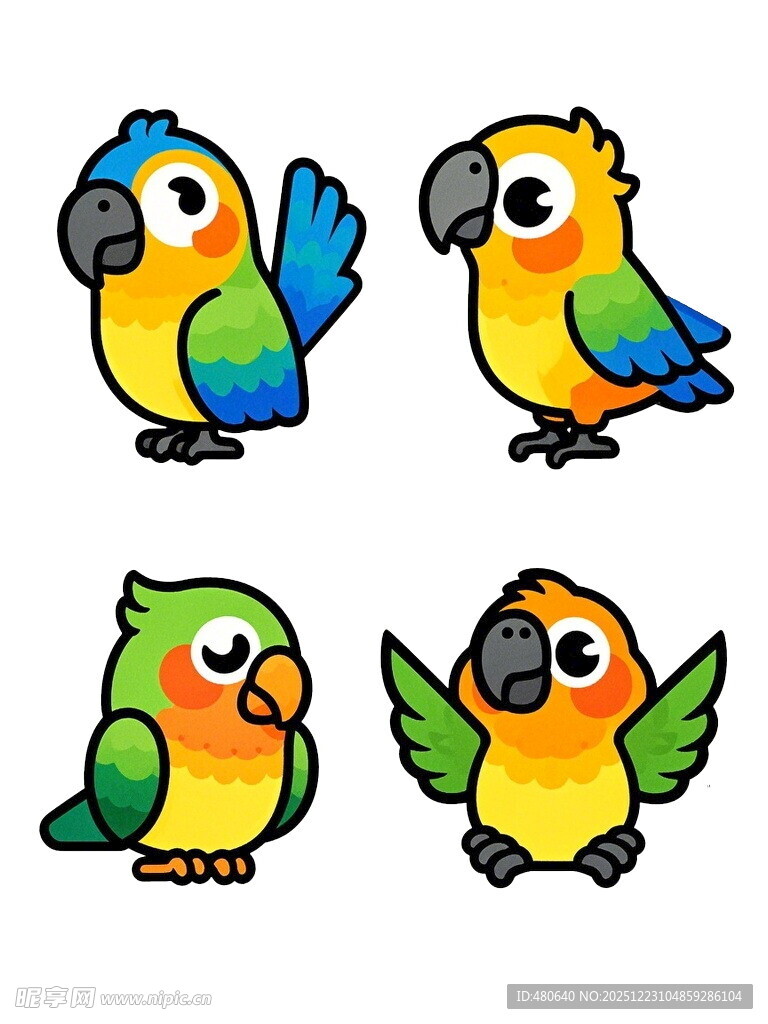 四只可爱多彩鹦鹉插画