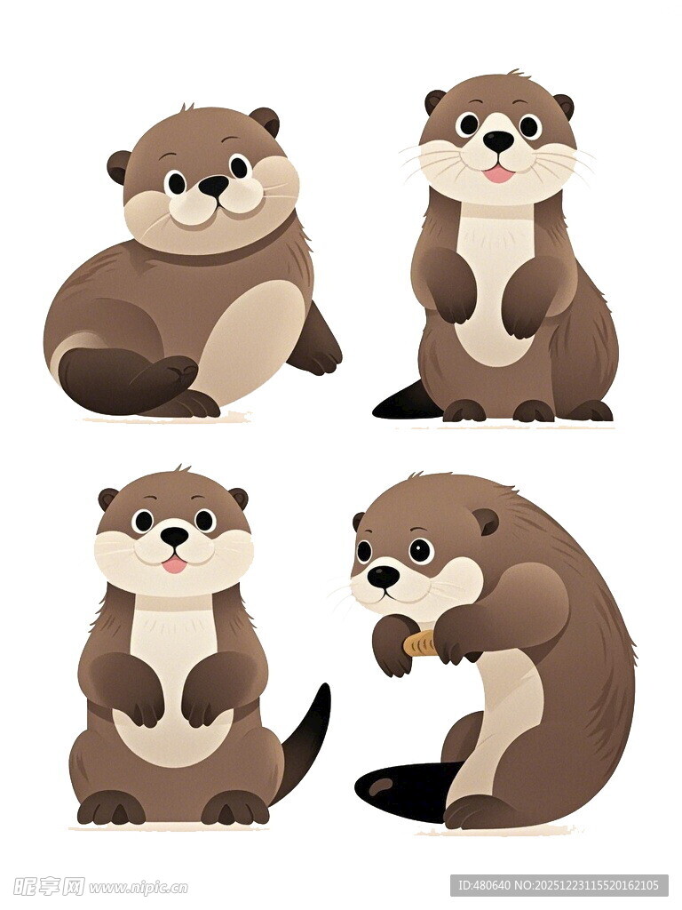 四只可爱水獭插画