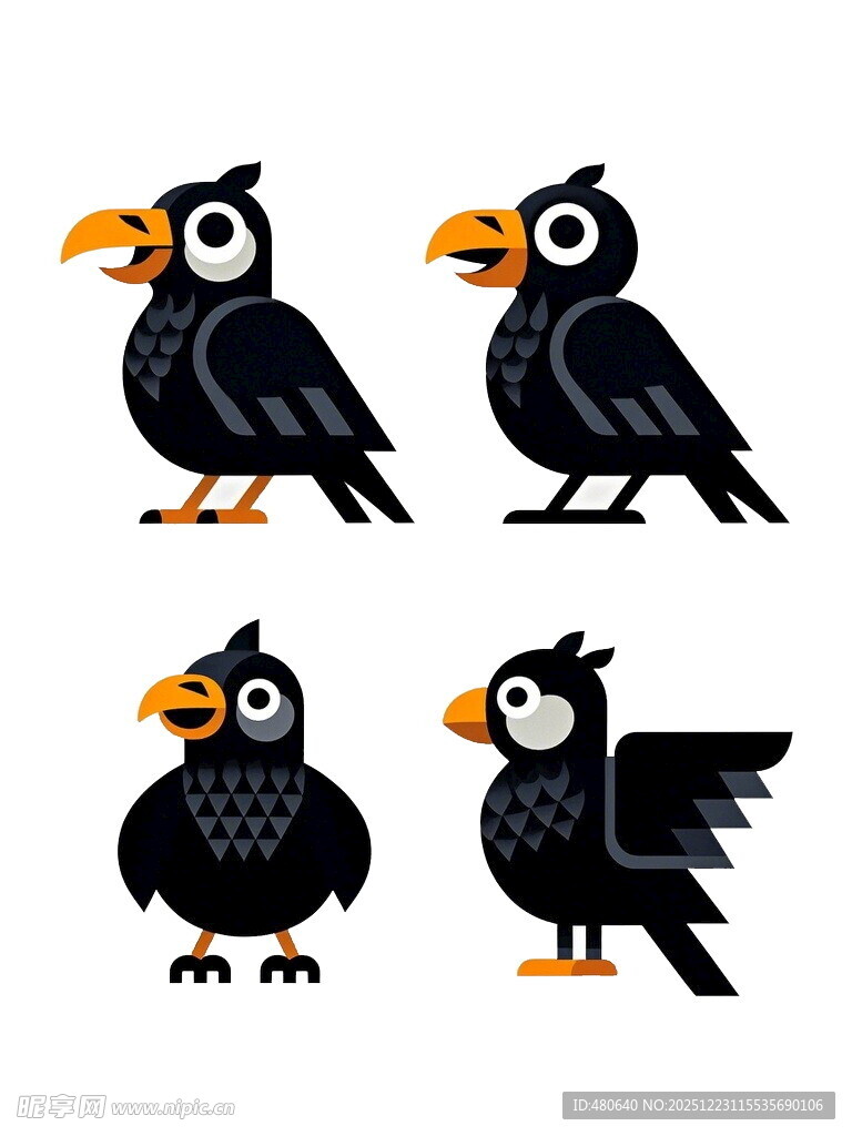 四只卡通风格的黑色鸟儿