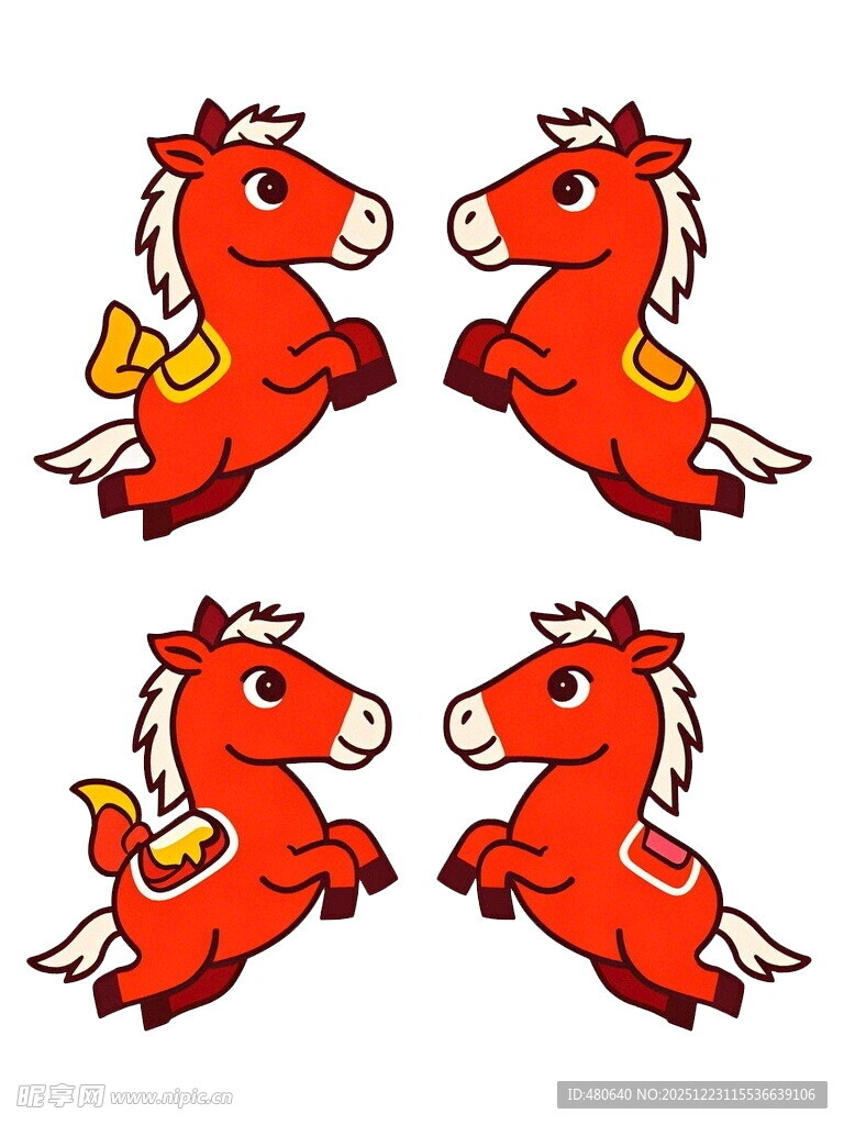 四匹红色卡通小马