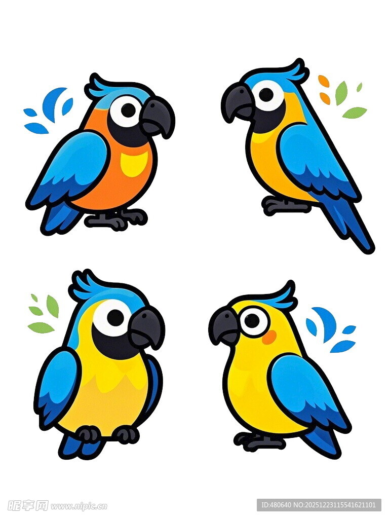 四只可爱鹦鹉插画