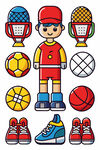 运动男孩与各类体育用品