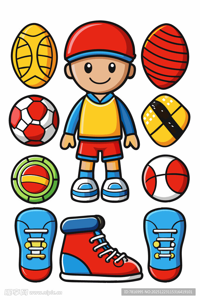 卡通男孩与多样运动装备