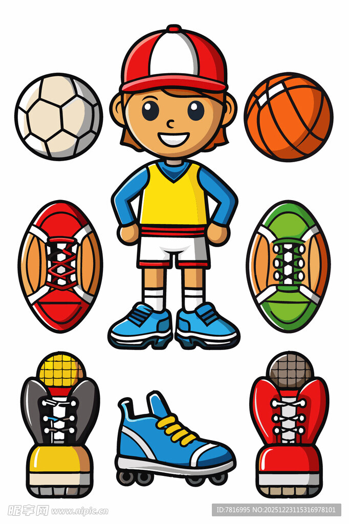 卡通足球少年与运动装备