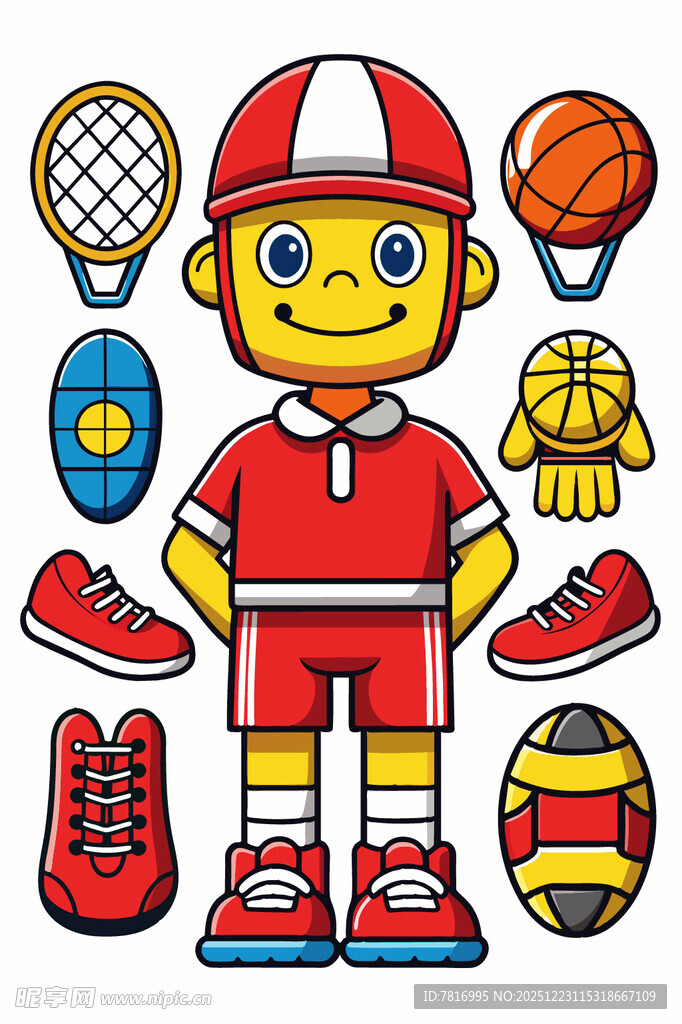 运动男孩与多样体育用品