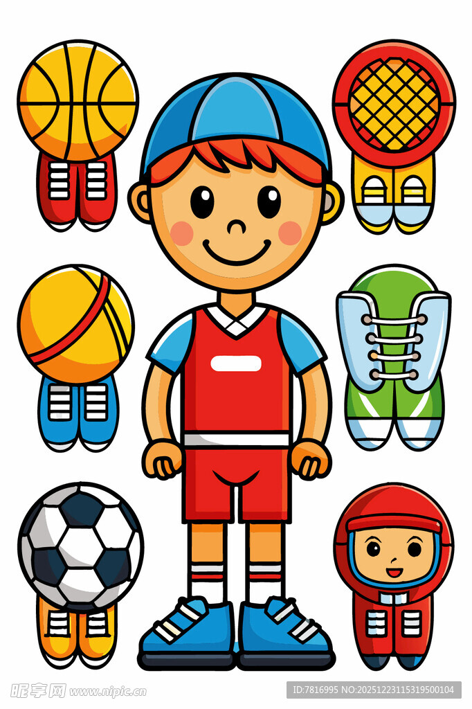 运动男孩与多样体育用品