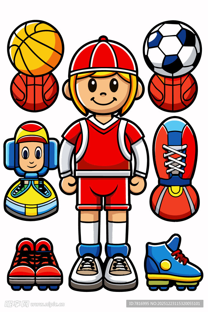 儿童运动装备与卡通运动员