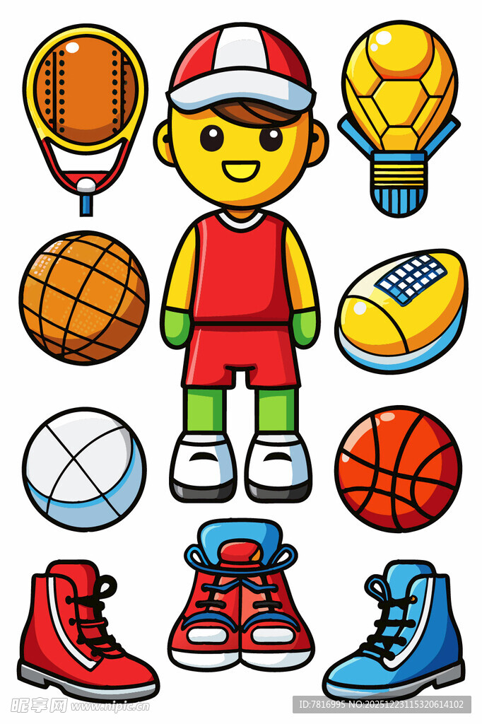 运动男孩与各类体育用品