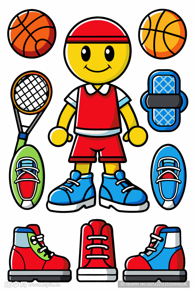 运动男孩与多样体育用品