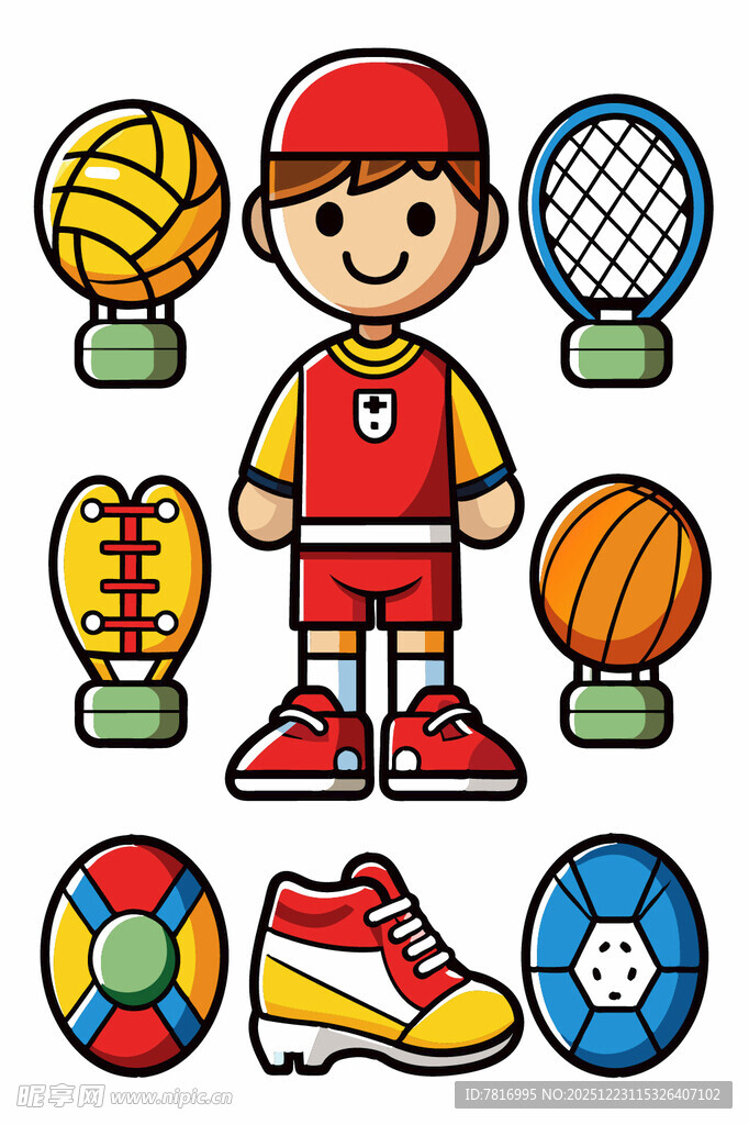 足球少年与多样球类装备