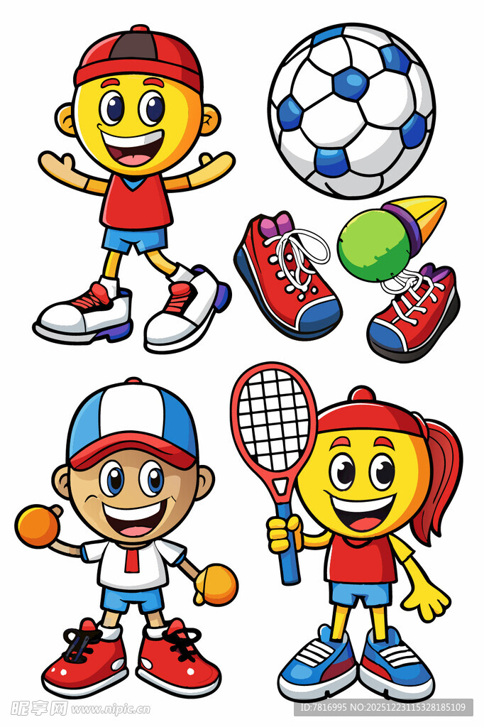 卡通儿童与各类运动器材