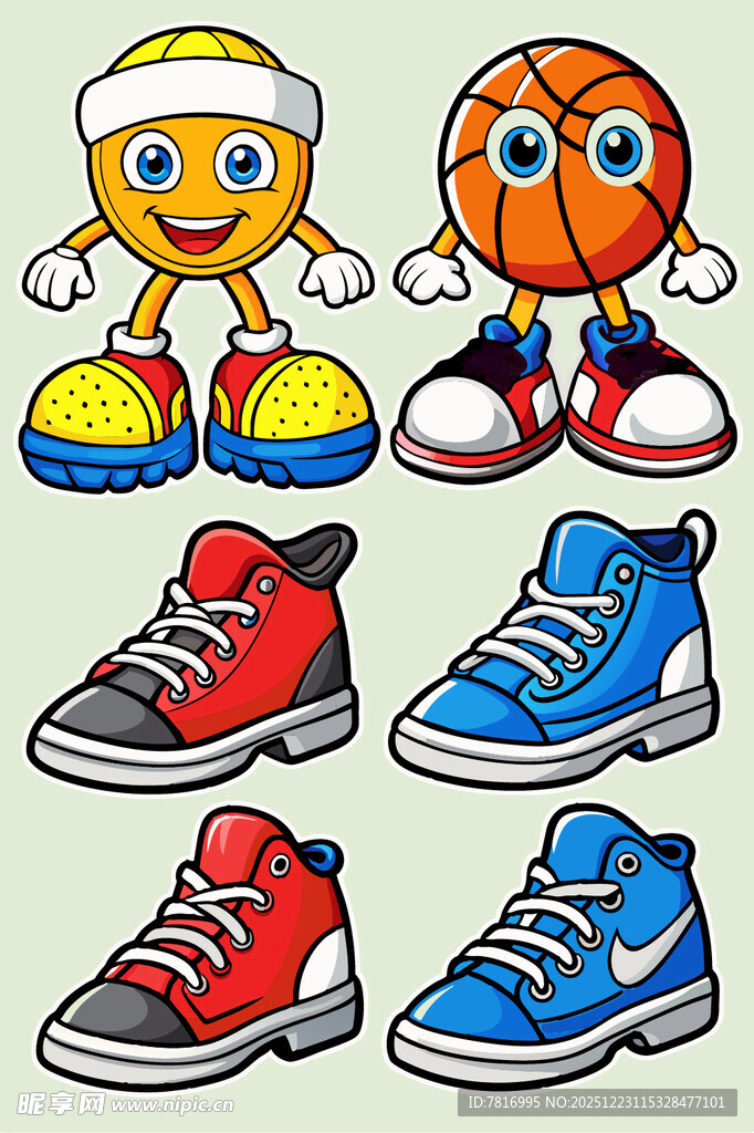 卡通角色与多彩运动鞋