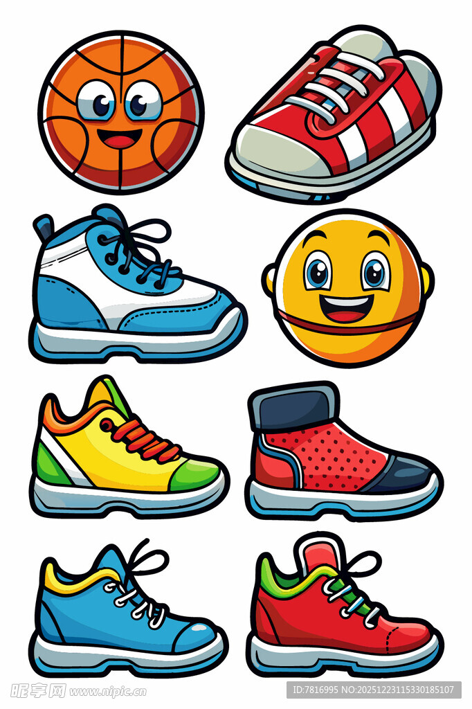 可爱卡通运动鞋与篮球