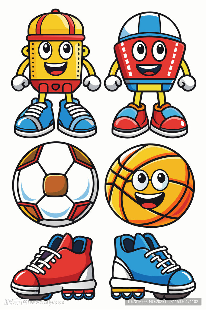 运动卡通角色与球类装备