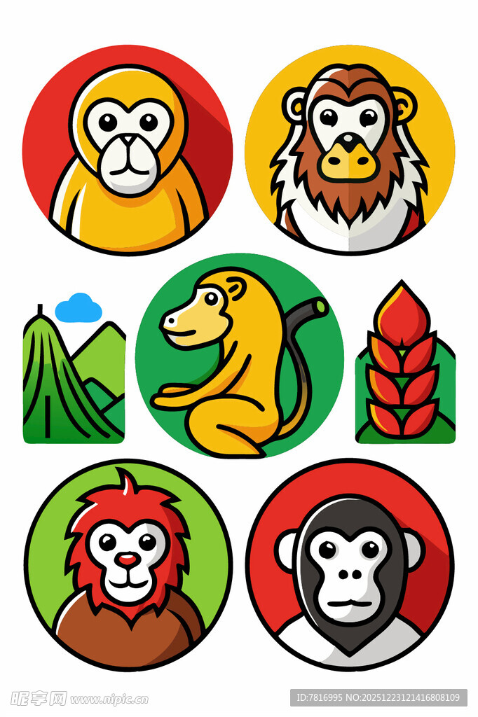 多彩猴子与自然元素图标集