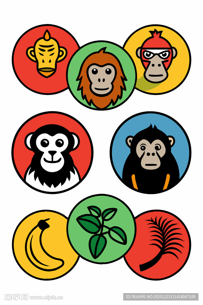 多彩猴子与热带元素图案