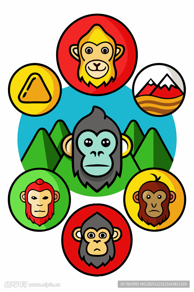 多彩猴子与自然元素图案