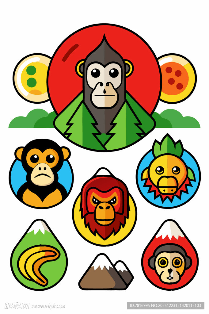 多彩猴子主题图标集合