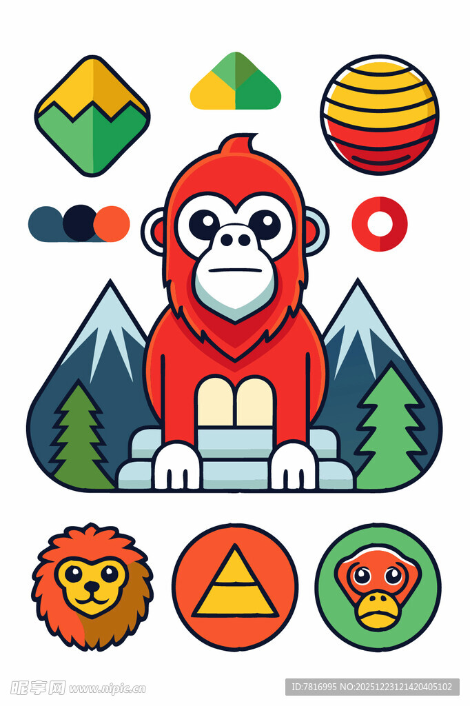 卡通猴子与多样图形元素