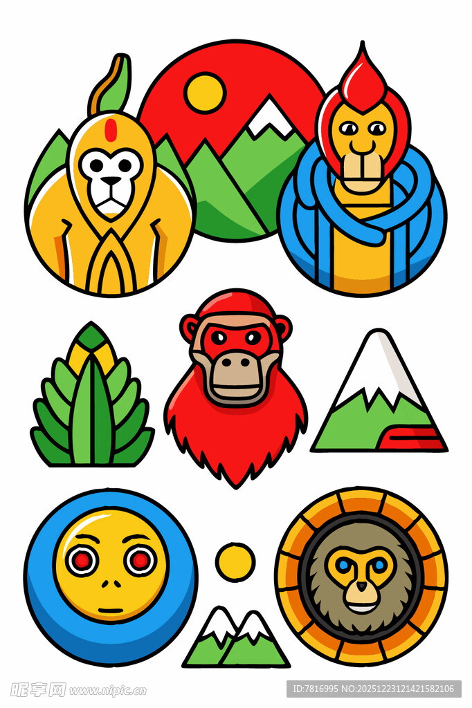 多样猴子与自然元素图标