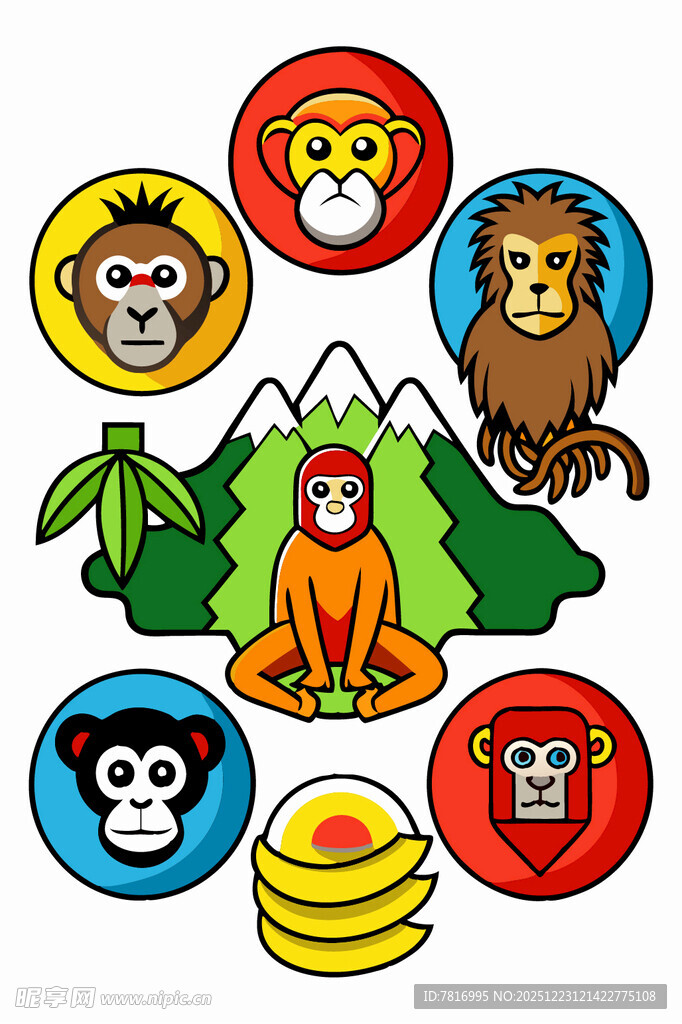 猴子与狮子等动物插画