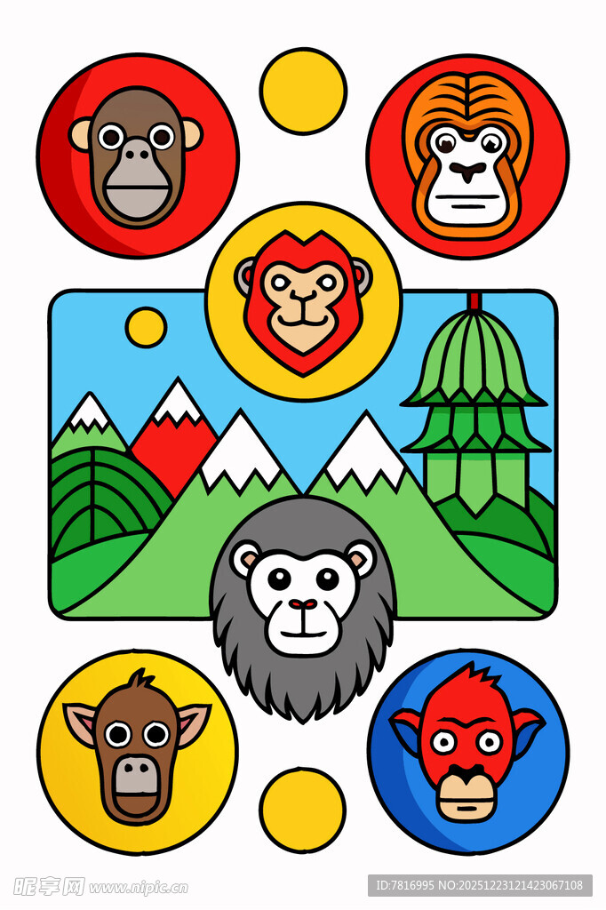 多彩动物头像与风景图案